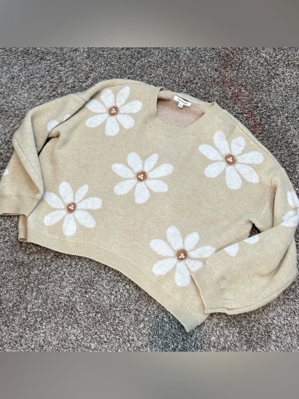 Francesca's Collections Cream Daisy Intarsia Crewneck Sweater